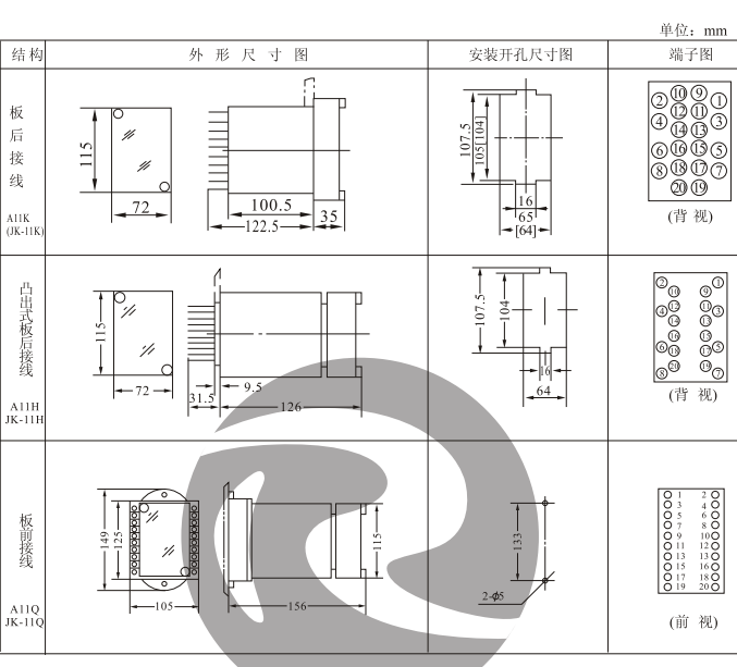 JZY-208，JZJ-208中间继电器外形及安装开孔尺寸图