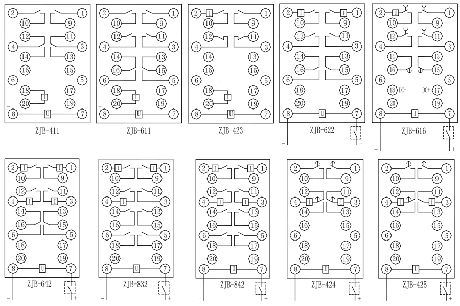 ZJB-622保持中间继电器内部接线图