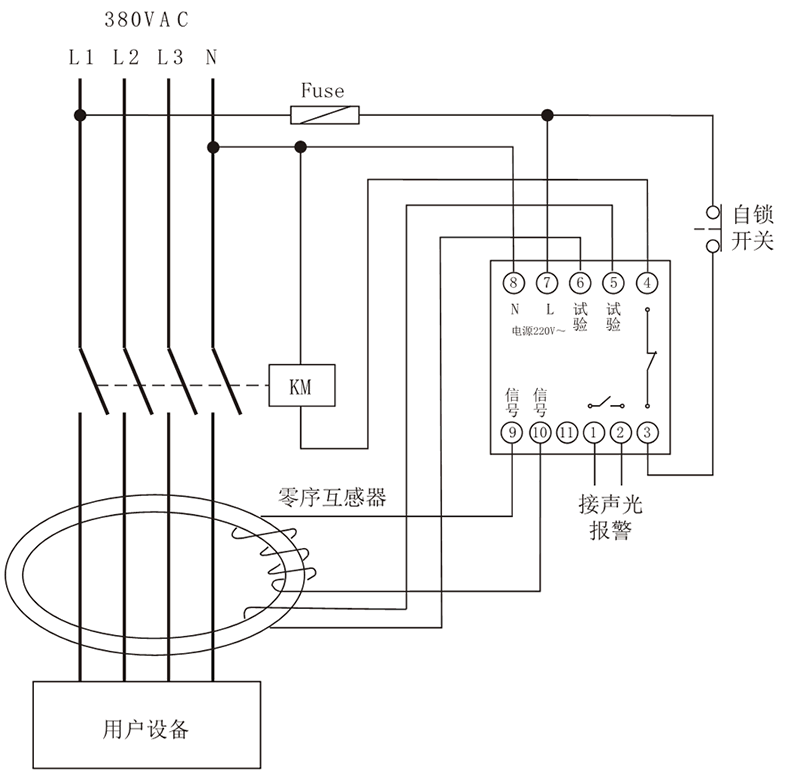 JD3-100/434漏电继电器典型应用接线图