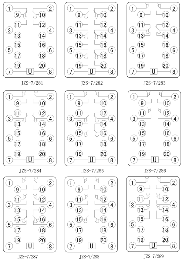 JZS-7/283断电延时中间继电器内部接线图